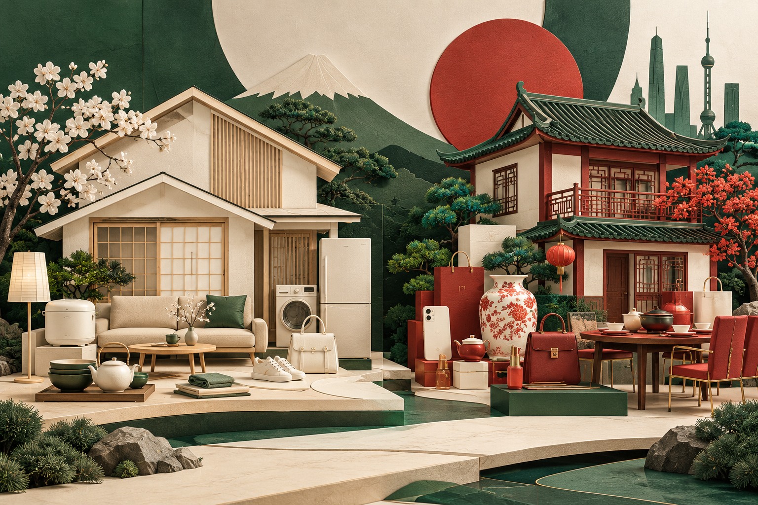 日中の住まいと日用品で家計の購買条件を表現した概念イラスト