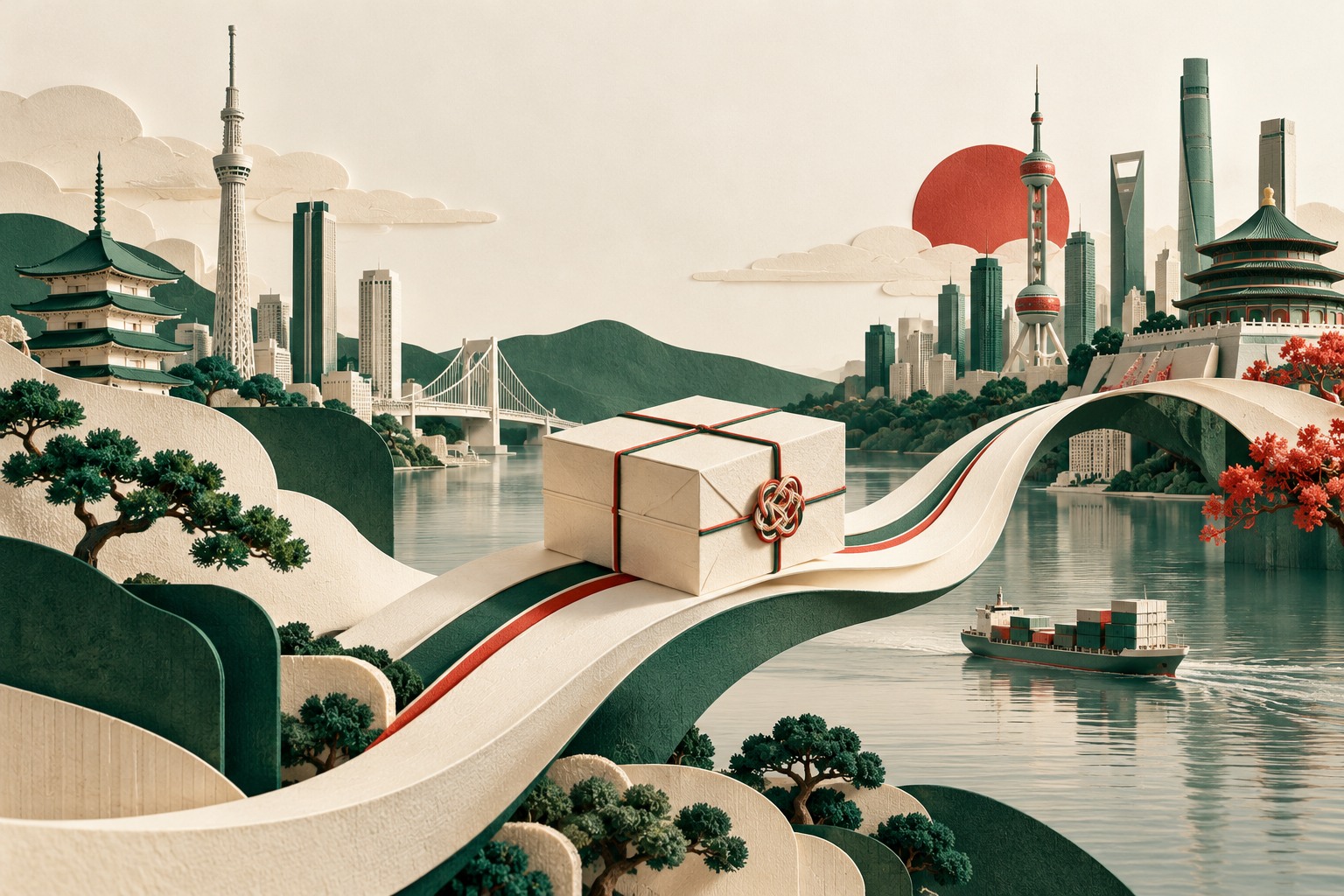 日中をつなぐ荷物と物流の流れを紙の彫刻で表現した概念イラスト
