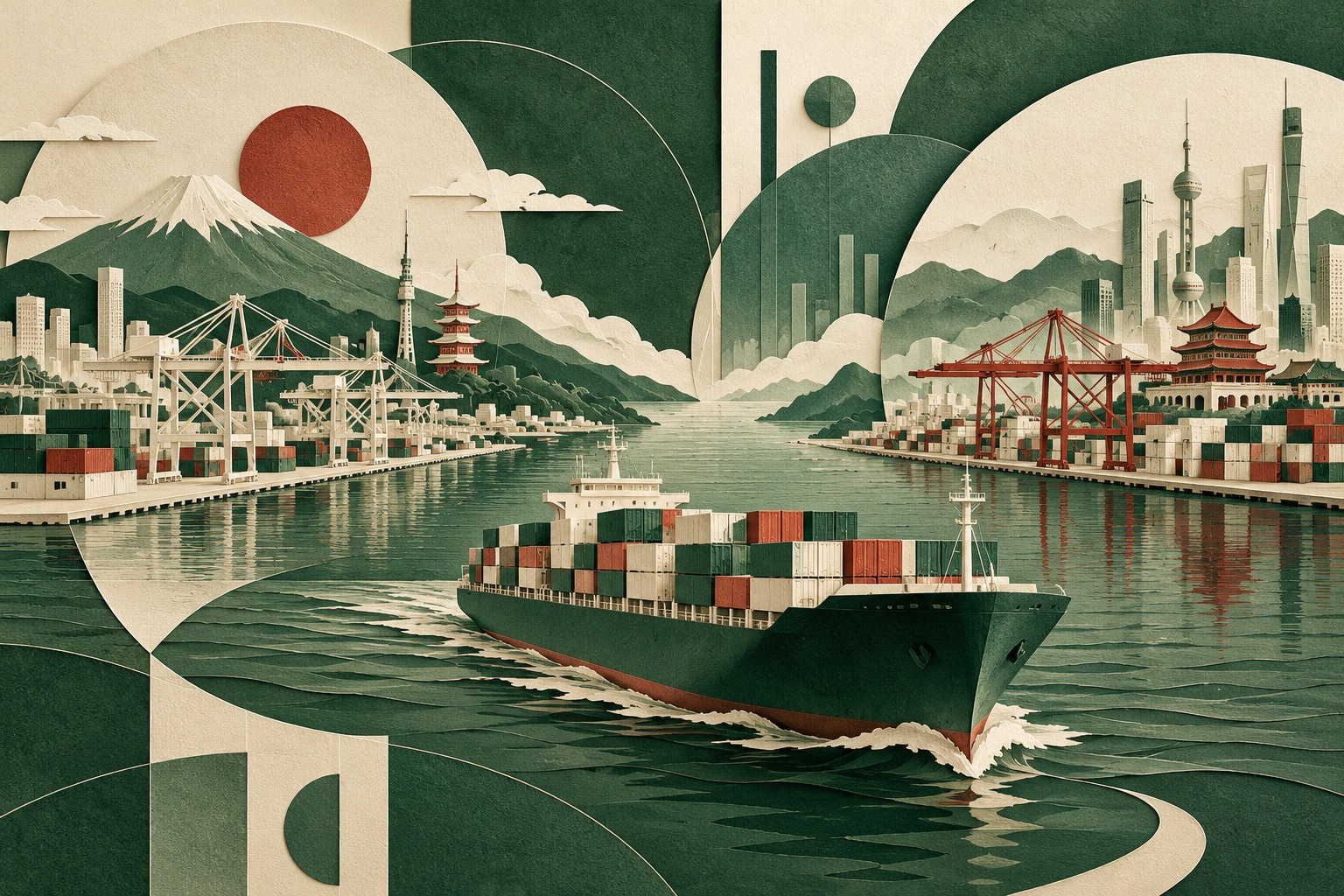 二つの港と貨物船で日中の貿易と統計の見方を表現した概念イラスト