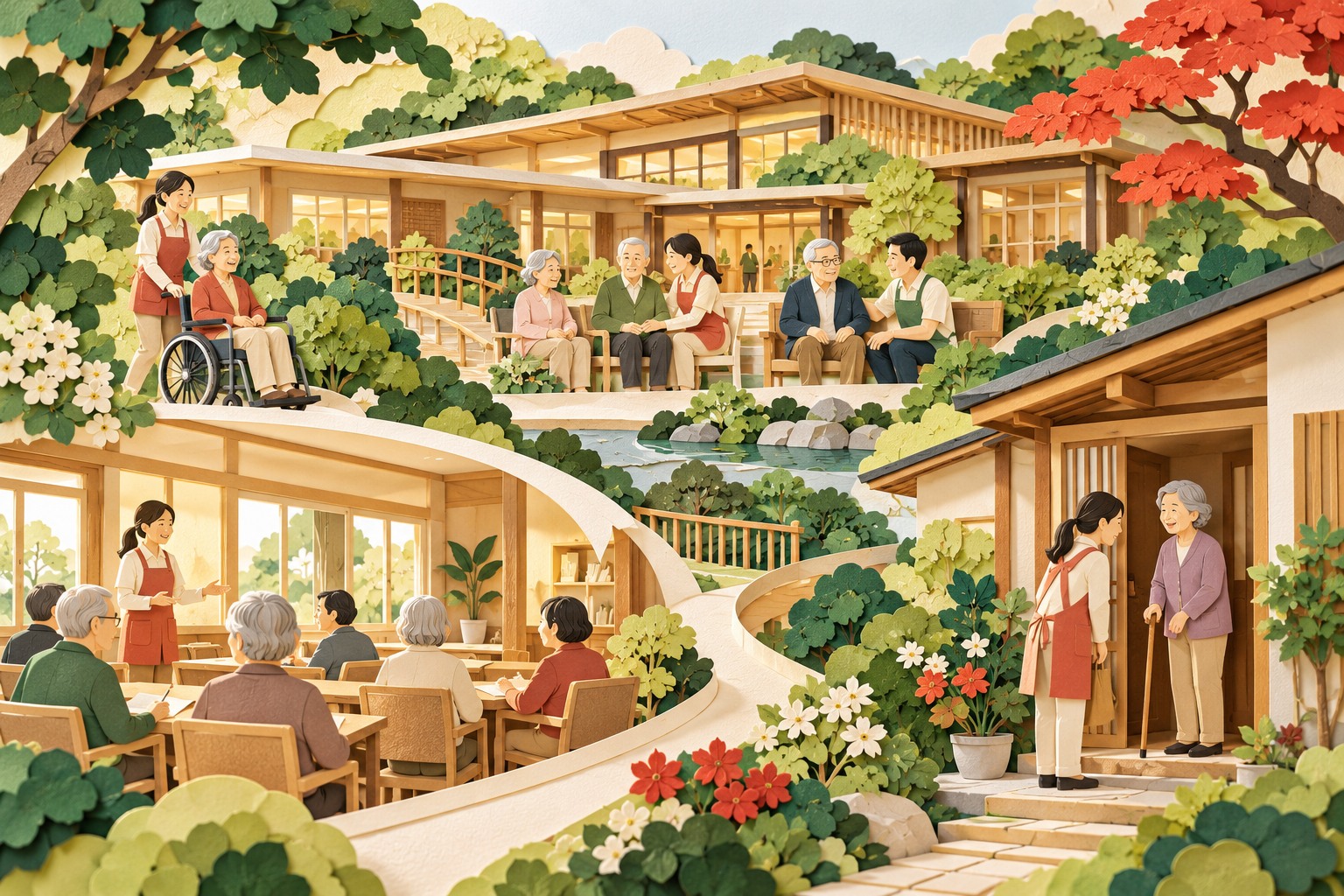 高齢者と支援者、施設と在宅の関係を表す概念イラスト